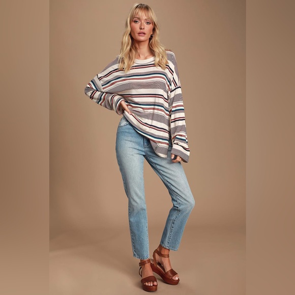 Lulu’s Mercurio Off White Multi Striped Ribbed Long Sleeve Top - Picture 1 of 11